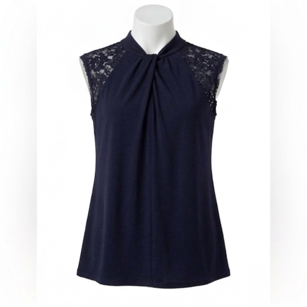 Cable & Gauge Black Lace Shoulder Twist Front High Neck Top Women Medium